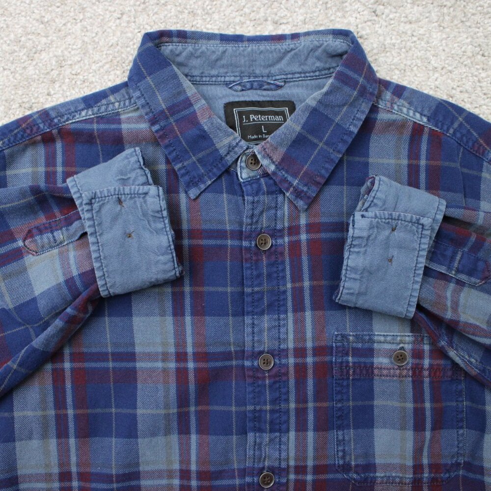 J. Peterman Shirt Mens‎ Large Blue/Red Plaid Flannel 100% Cotton Long Sleeve